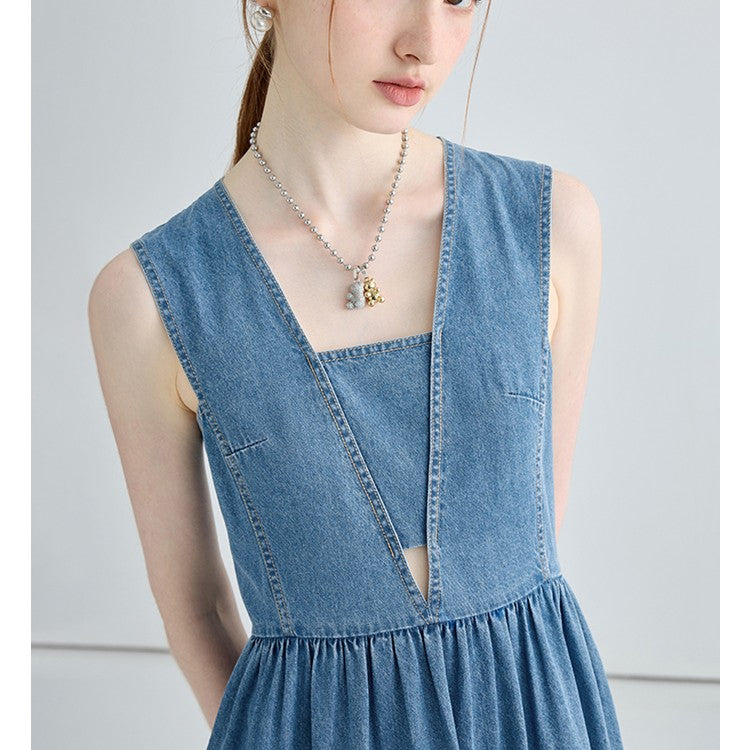 Denim V-Neck Cutout Dress