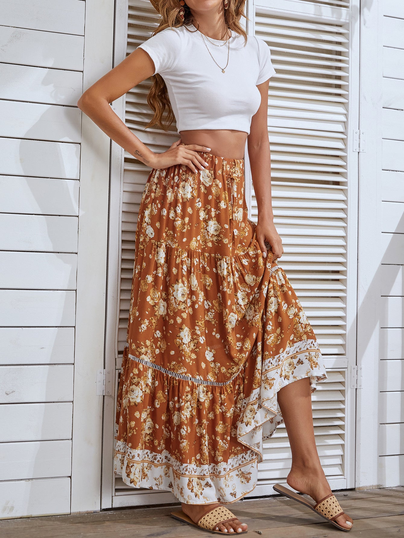 Bohemian Floral Ruffle Pleated Maxi Skirt