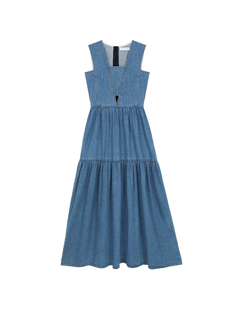 Denim V-Neck Cutout Dress