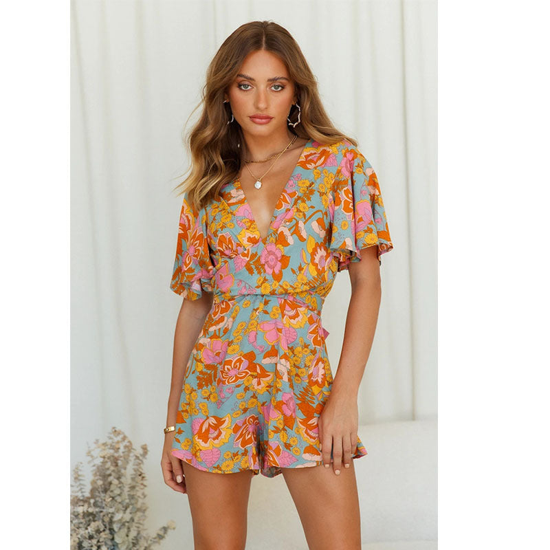 Multicolor Floral Wrap V-Neck Romper