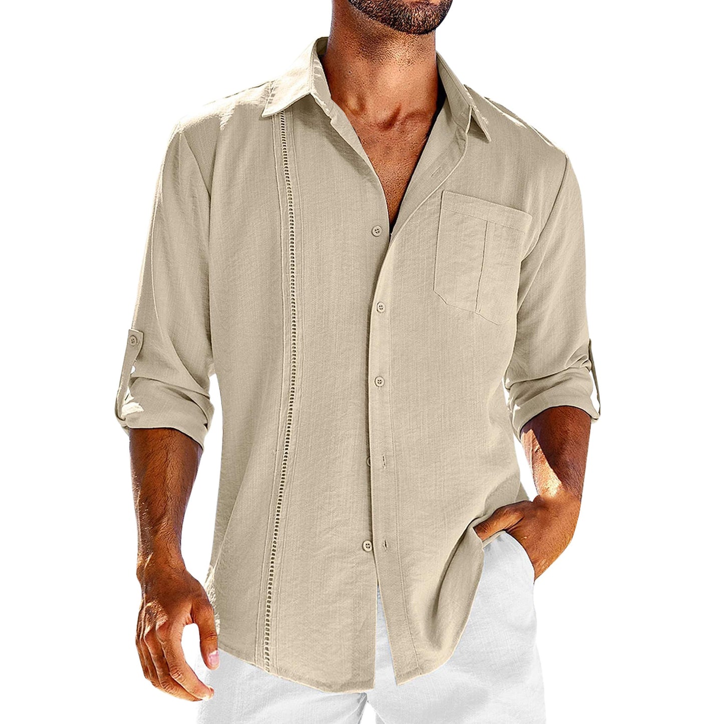 Men's Casual Linen Long Sleeve Button Down Shirt