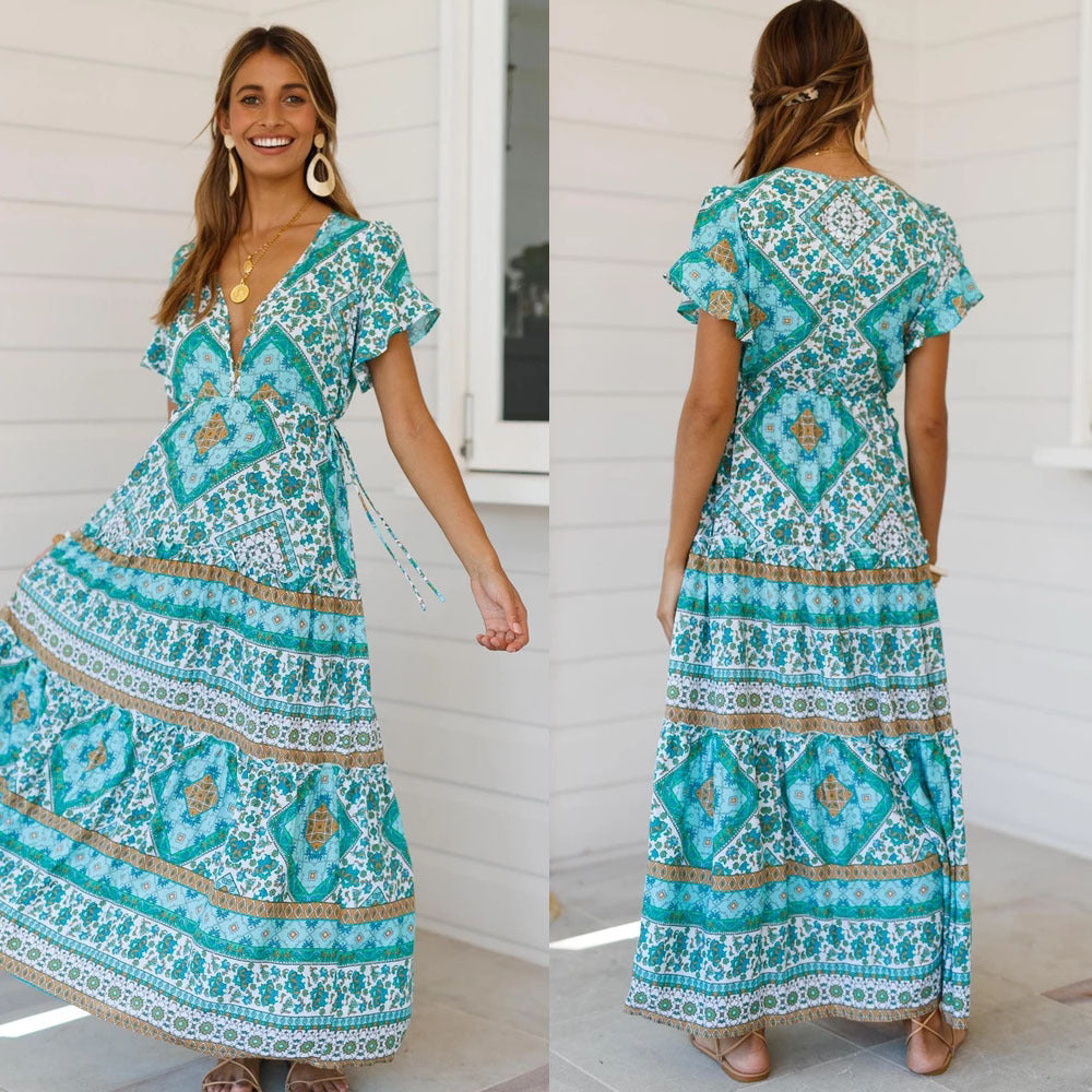 Turquoise Paisley and Floral Print V-Neck Flutter Sleeve Dress