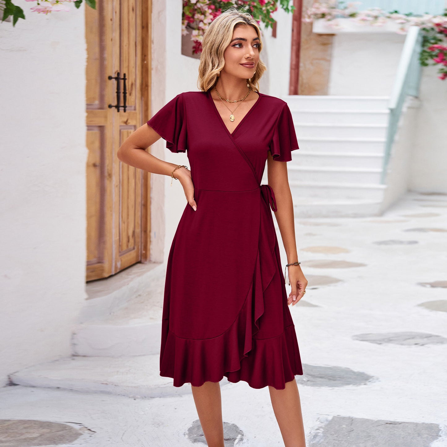 Flutter Sleeve Ruffle Hem Wrap Dress