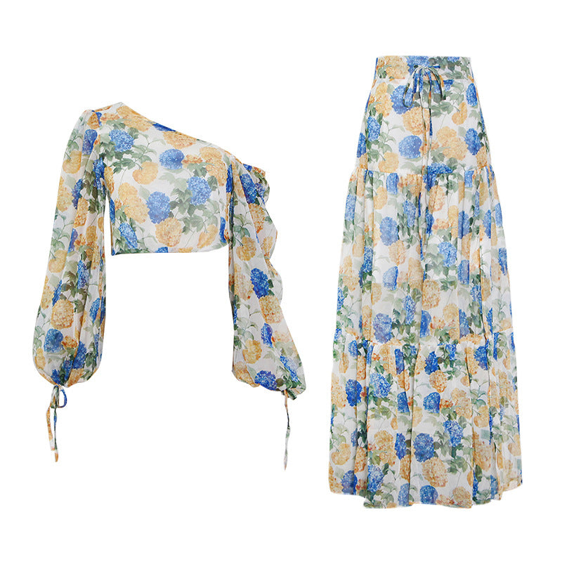 2 Piece Hydrangea Asymmetrical Bell Sleeve Top and High Waisted Split Skirt
